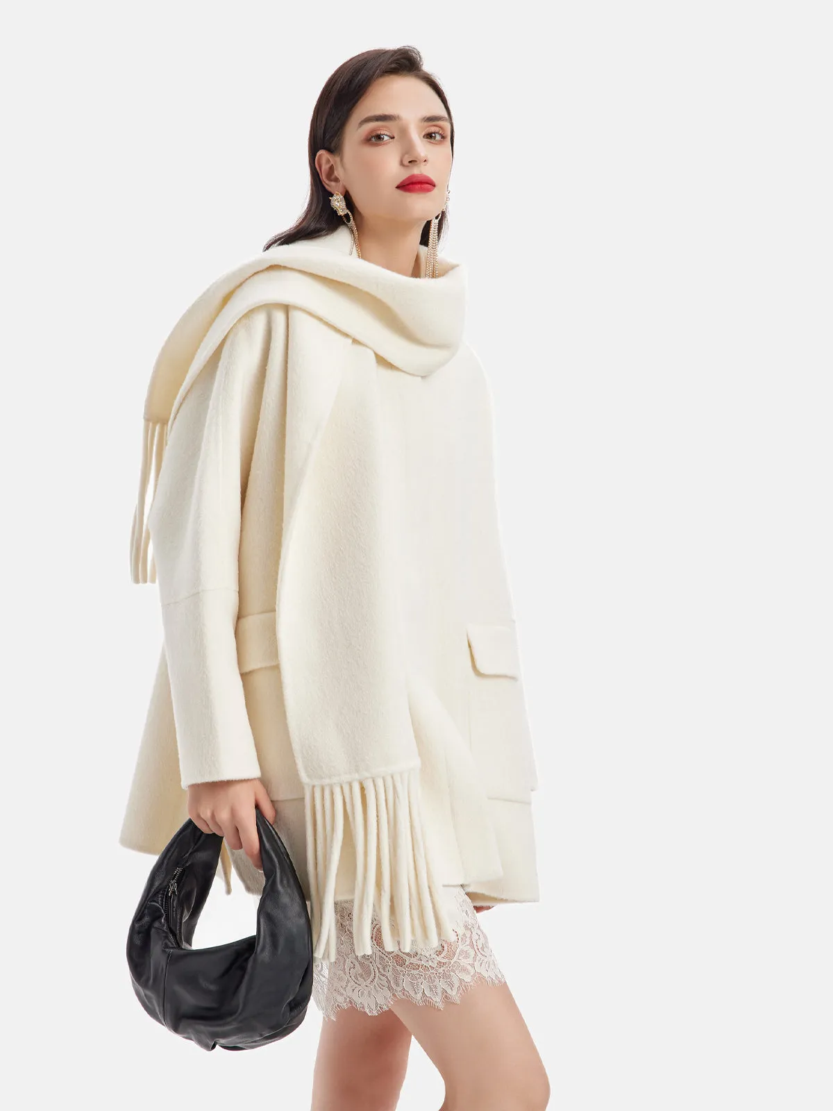 Fringe Neck Scarf Cashmere Coat