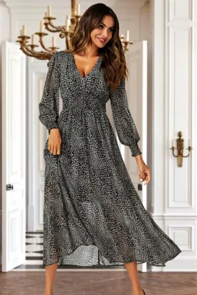 FS Collection Leopard Print Long Sleeve Maxi Dress In Grey