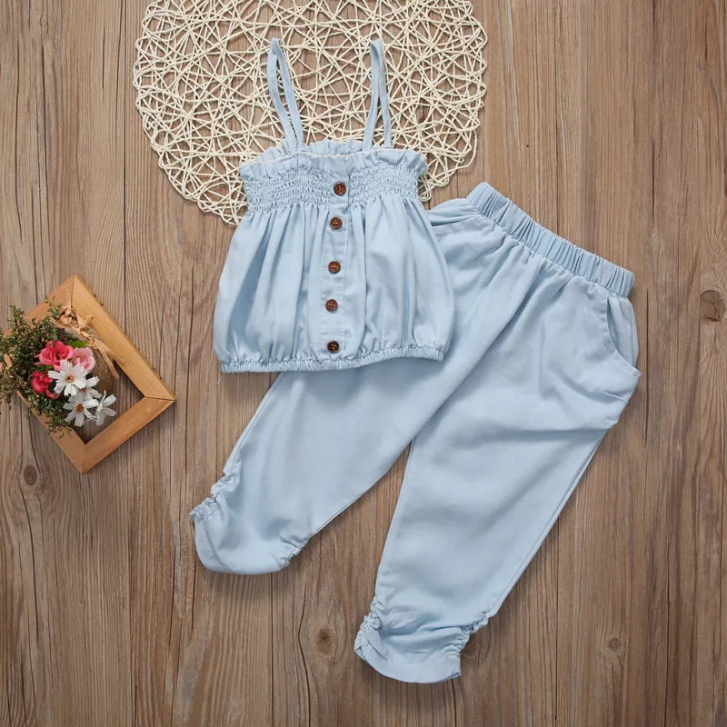 Girls Denim Strap Top   Cropped Pants