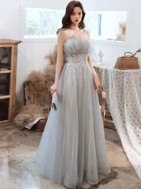 Gray A line Tulle Long Prom Dress, Gray Formal Graduation Dress with Lace Applique