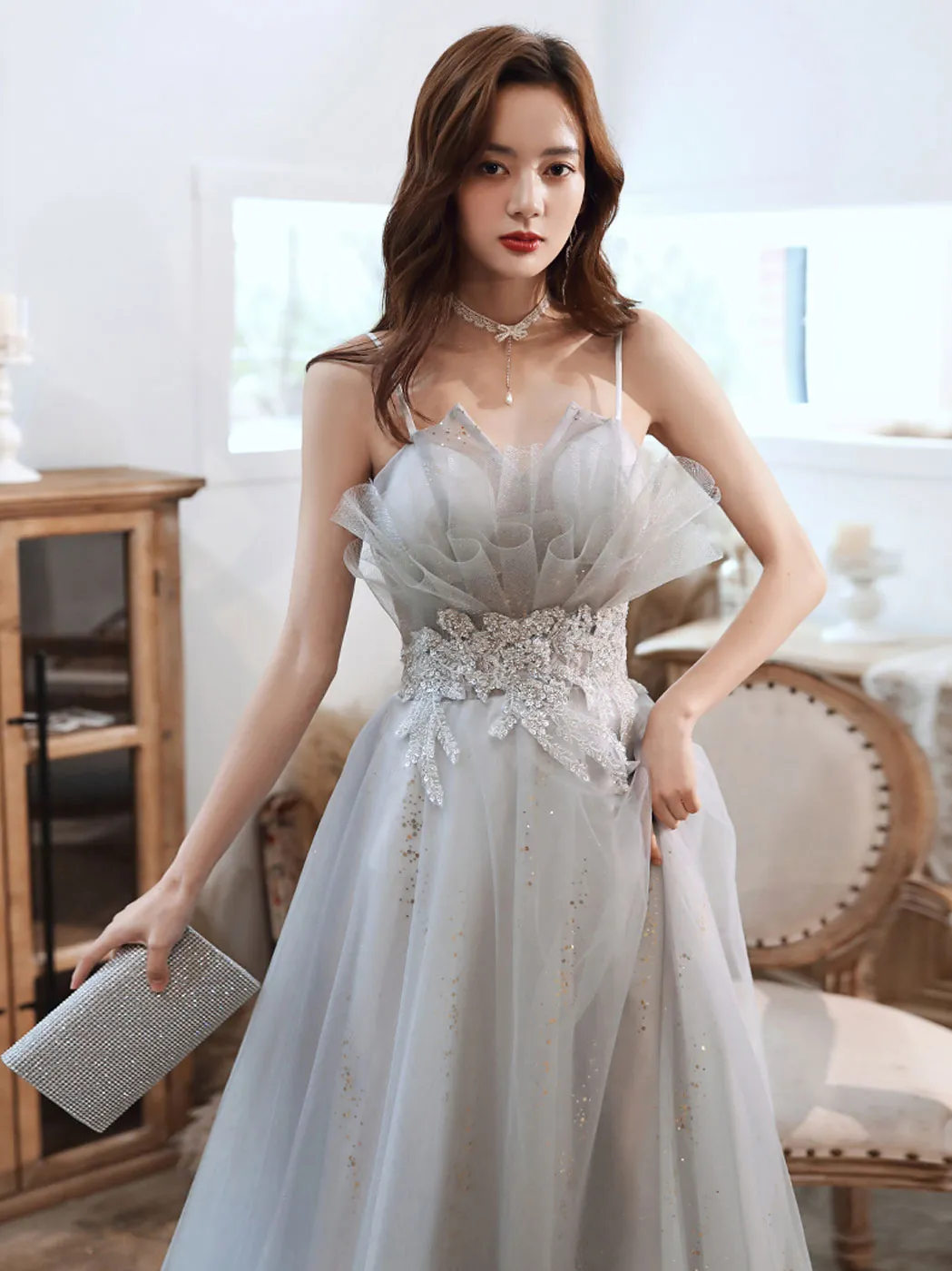 Gray A line Tulle Long Prom Dress, Gray Formal Graduation Dress with Lace Applique