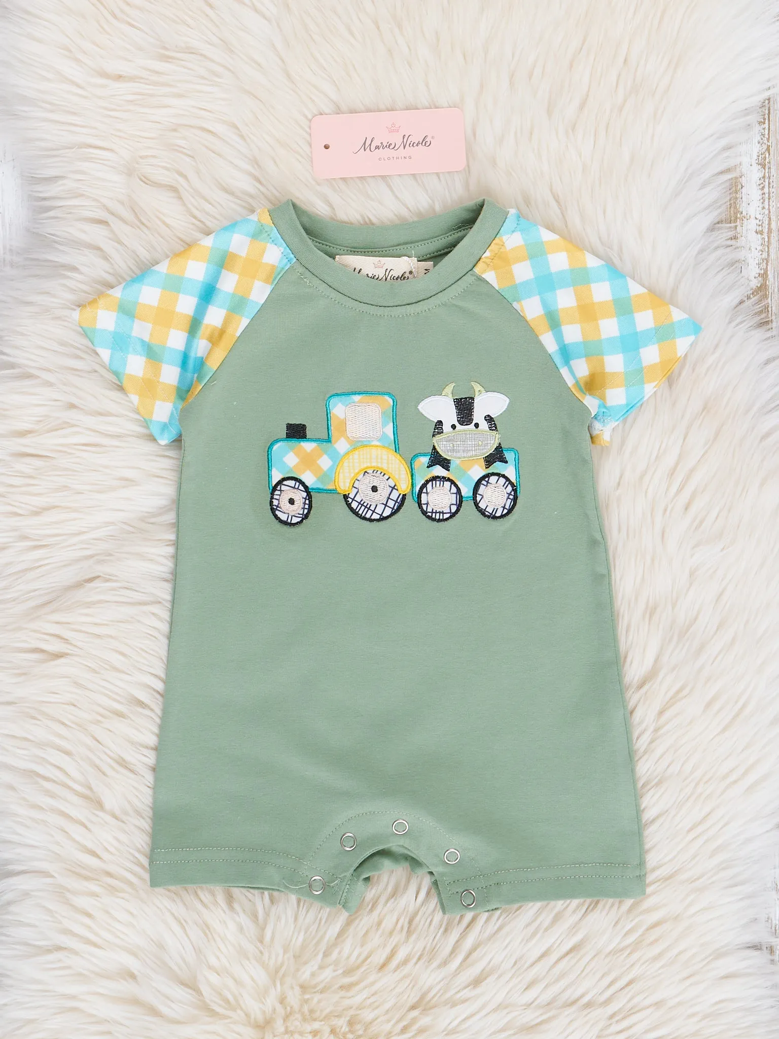 Green Embroidered Cow Train Romper