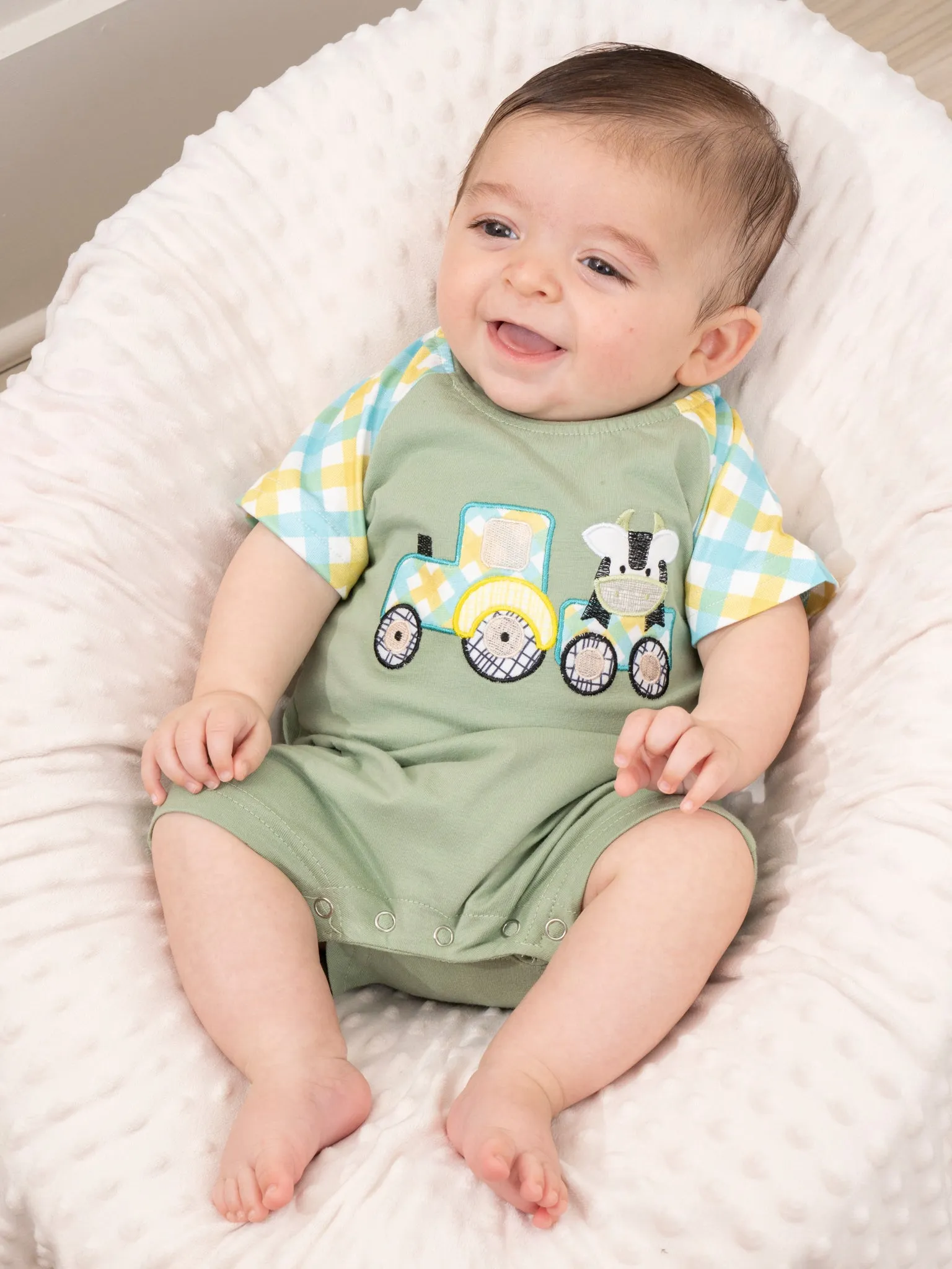 Green Embroidered Cow Train Romper