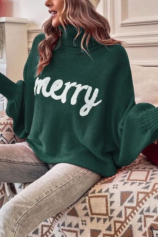 Green Merry Letter Embroidered High Neck Sweater