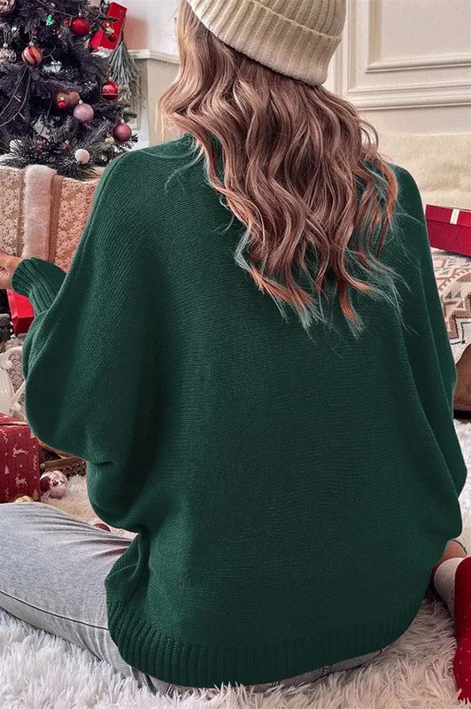 Green Merry Letter Embroidered High Neck Sweater