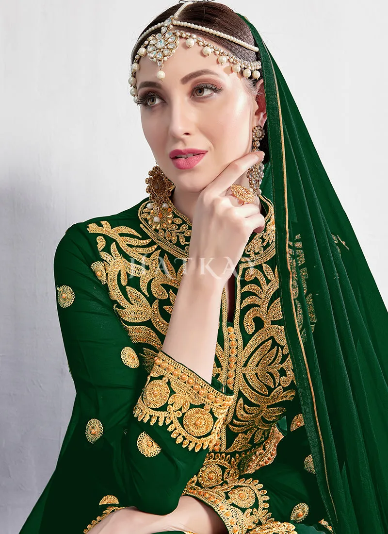 Green Zari And Crystal Embroidered Traditional Anarkali Suit