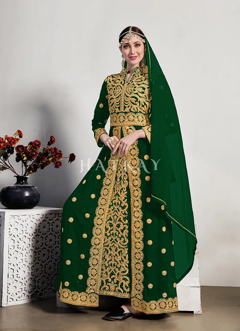 Green Zari And Crystal Embroidered Traditional Anarkali Suit