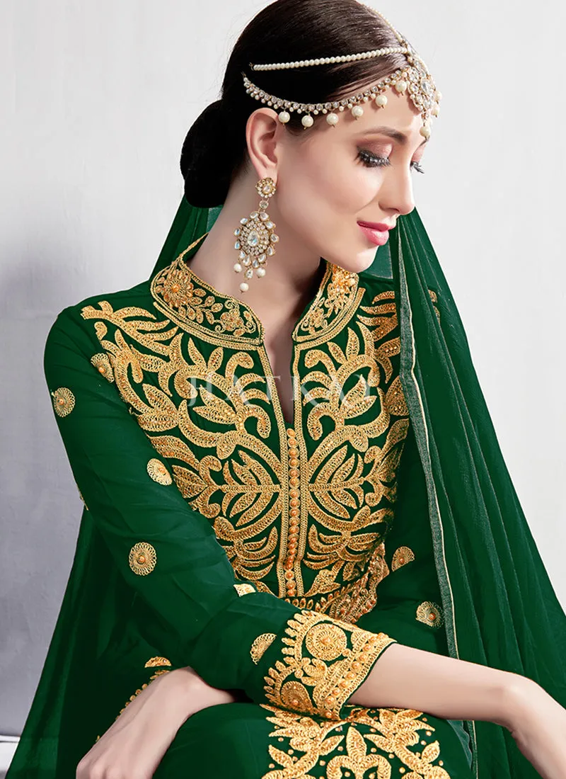 Green Zari And Crystal Embroidered Traditional Anarkali Suit