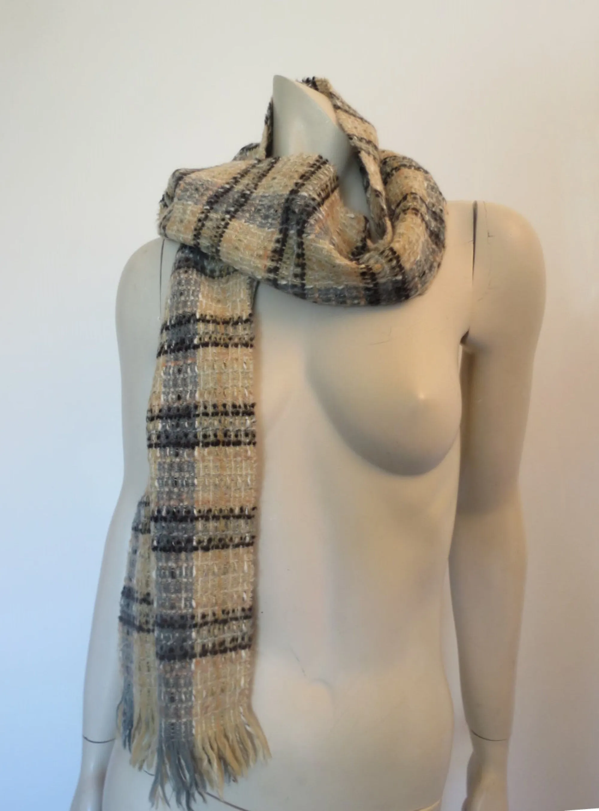 Grey & Beige Wool Blend Fringed Scarf by Descours - Paris