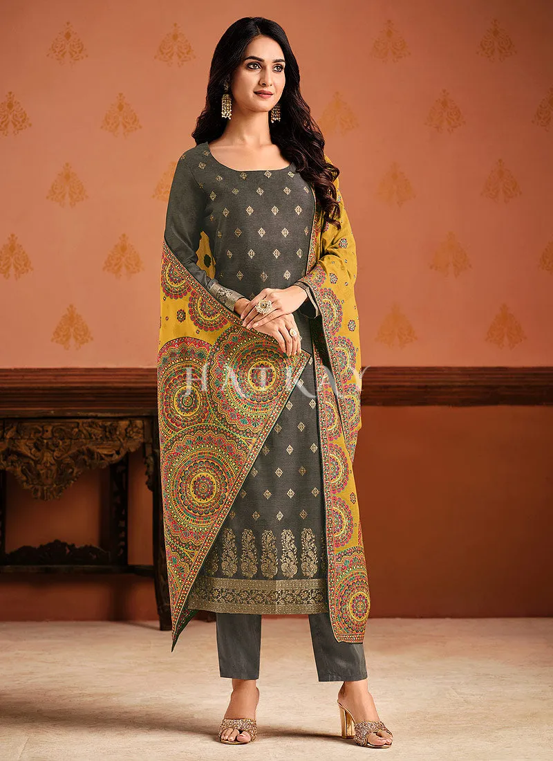 Grey And Yellow Pant Style Salwar Suit