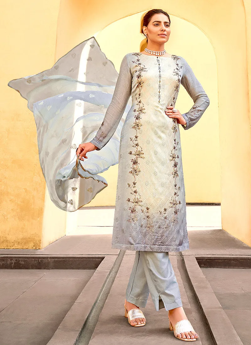 Grey Chikankari Embroidered Pant Style Suit