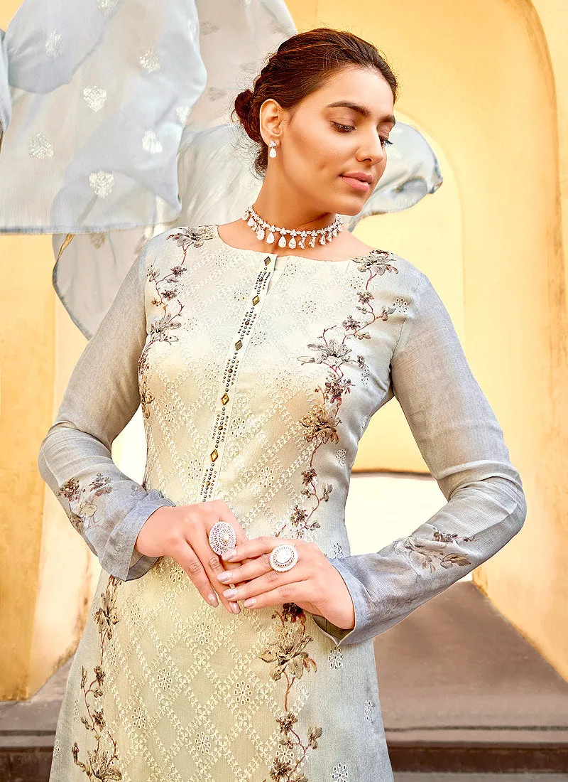 Grey Chikankari Embroidered Pant Style Suit