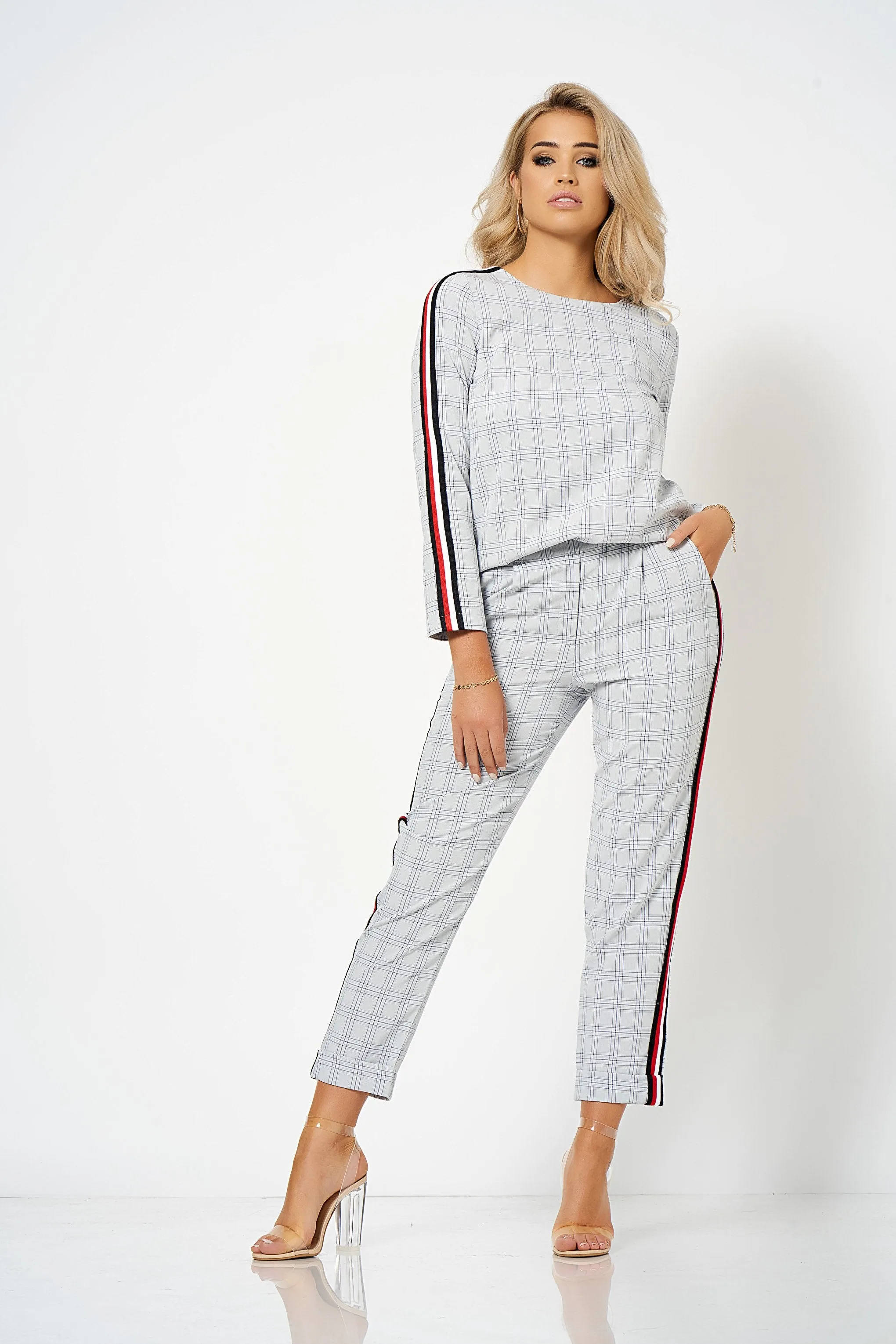 Grey Stripe Detail Checked Co-Ord Box Top