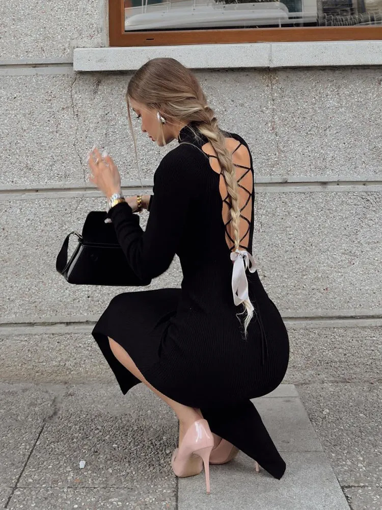 Half turtleneck long back hollow straps slit dress