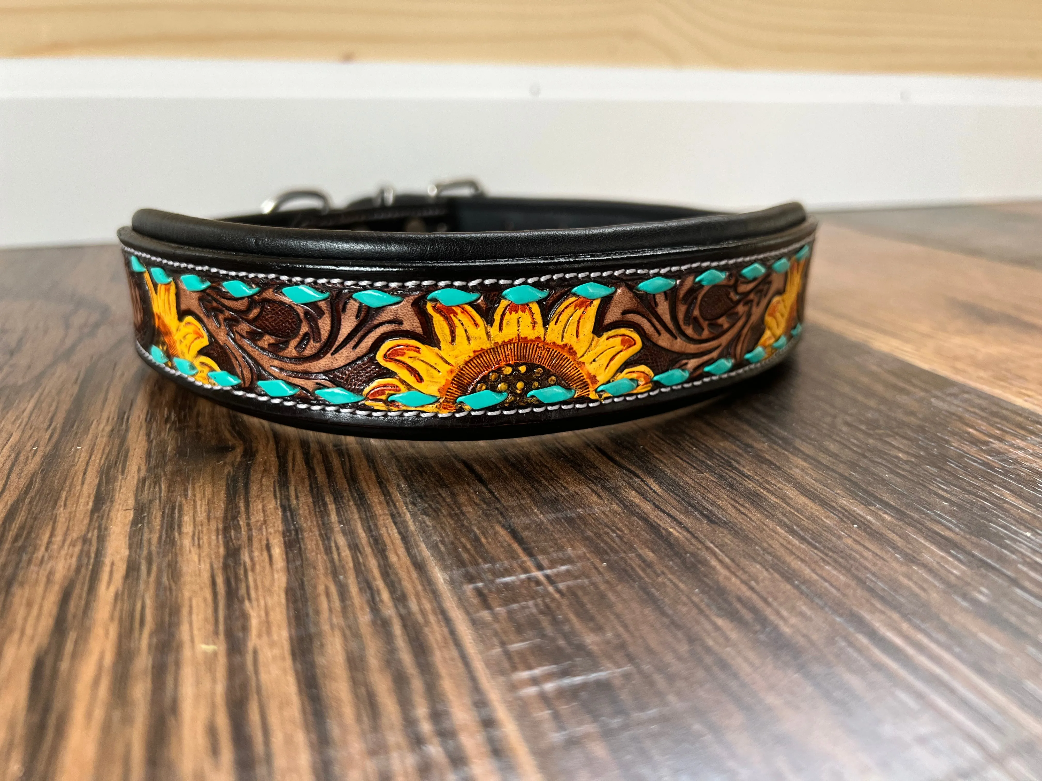 Handcrafted Padded Leather Tooled Dog Collar Sunflower with Teal Stitching