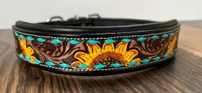 Handcrafted Padded Leather Tooled Dog Collar Sunflower with Teal Stitching