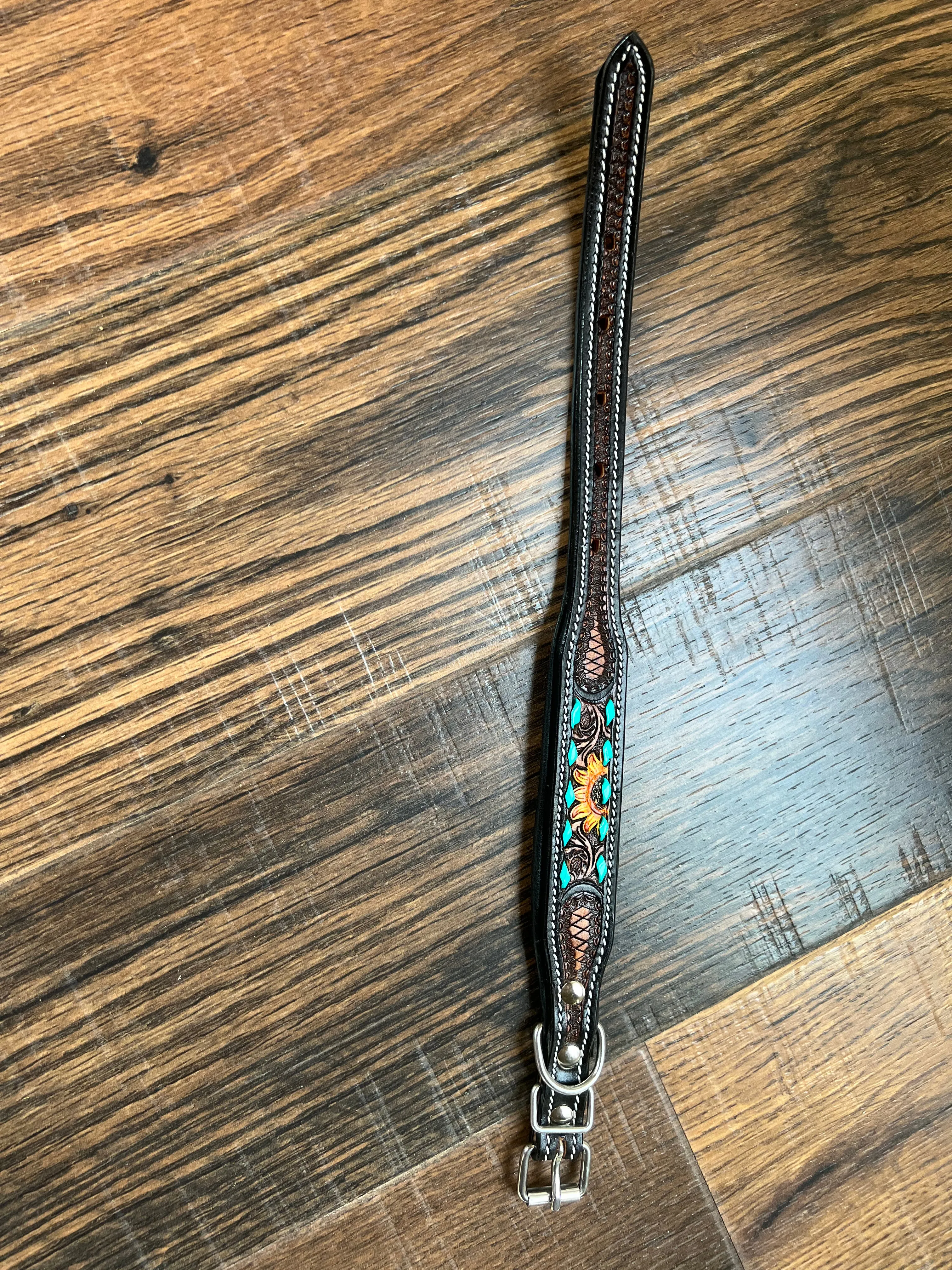 Handcrafted Padded Leather Tooled Dog Collar Sunflower with Teal Stitching