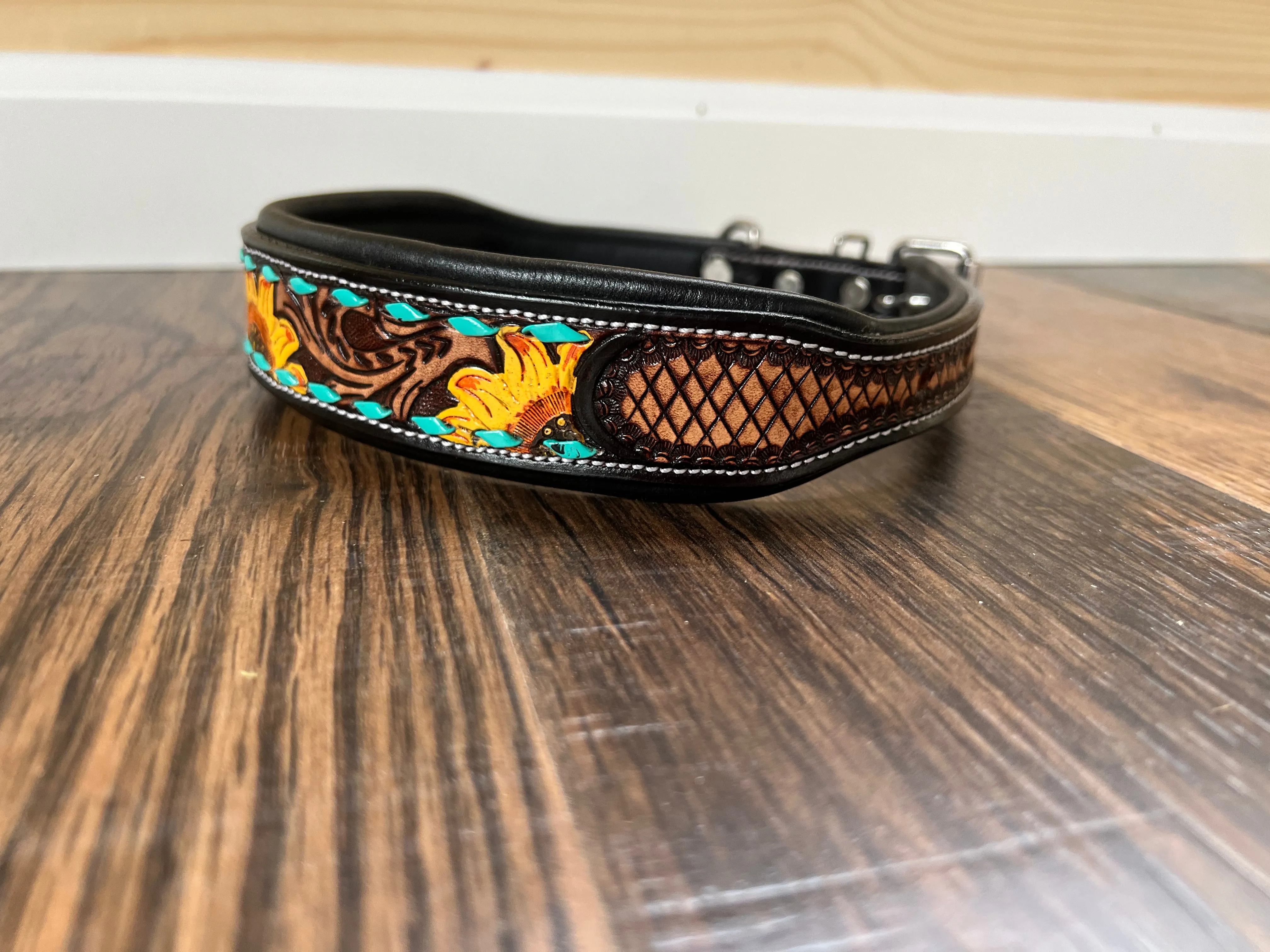 Handcrafted Padded Leather Tooled Dog Collar Sunflower with Teal Stitching