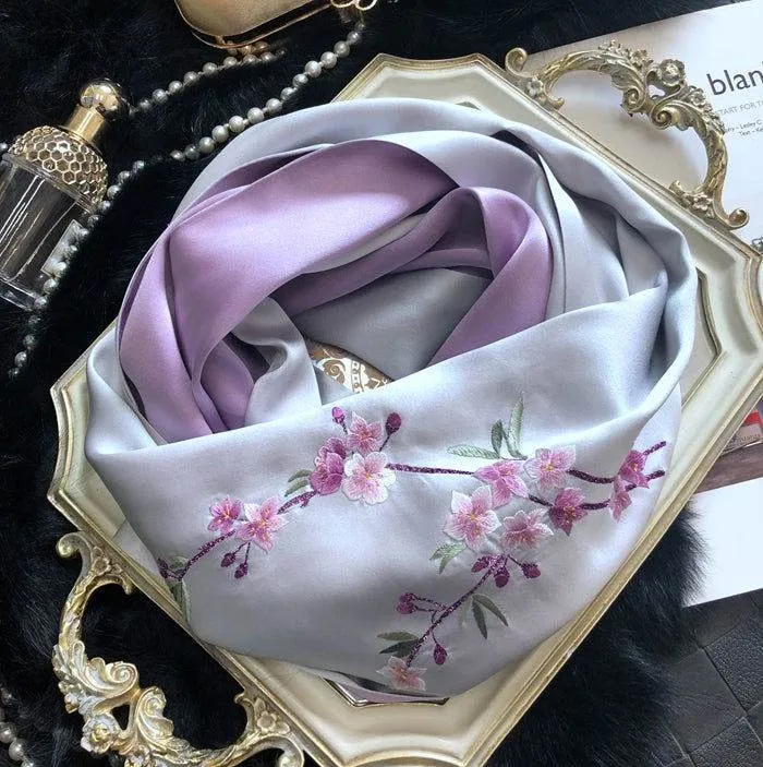 Handmade Su Embroidery 16 Momme Silk Scarf Orchid 155x35cm