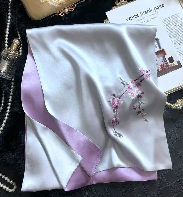 Handmade Su Embroidery 16 Momme Silk Scarf Orchid 155x35cm