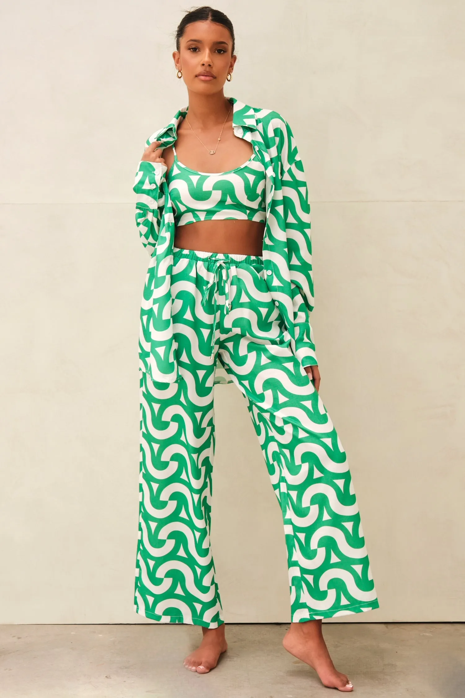 Hollie Geometric Crop Top Green & White