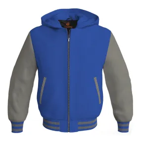 Hooded Bomber Women Blue Body and Gray Leather Sleeves Custom Hoodies