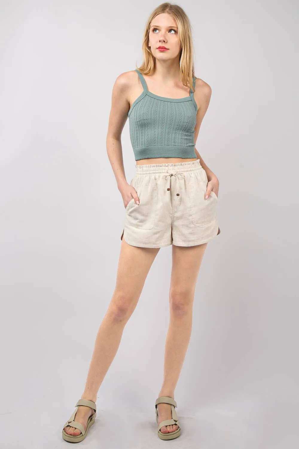 Hot Girl Drawstring Elastic Waist Linen Shorts In Oatmeal