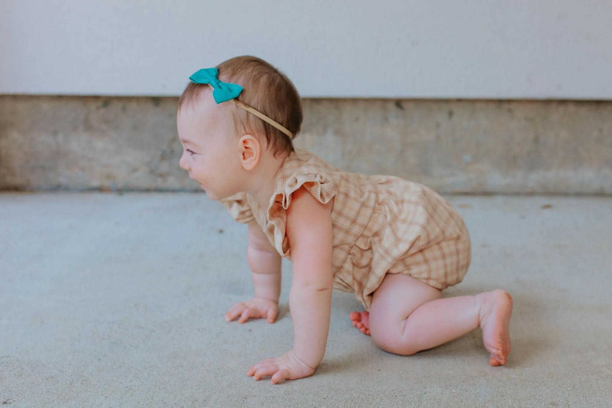 Infant Girl's Beige Plaid Ruffle Sleeve Bubble Romper