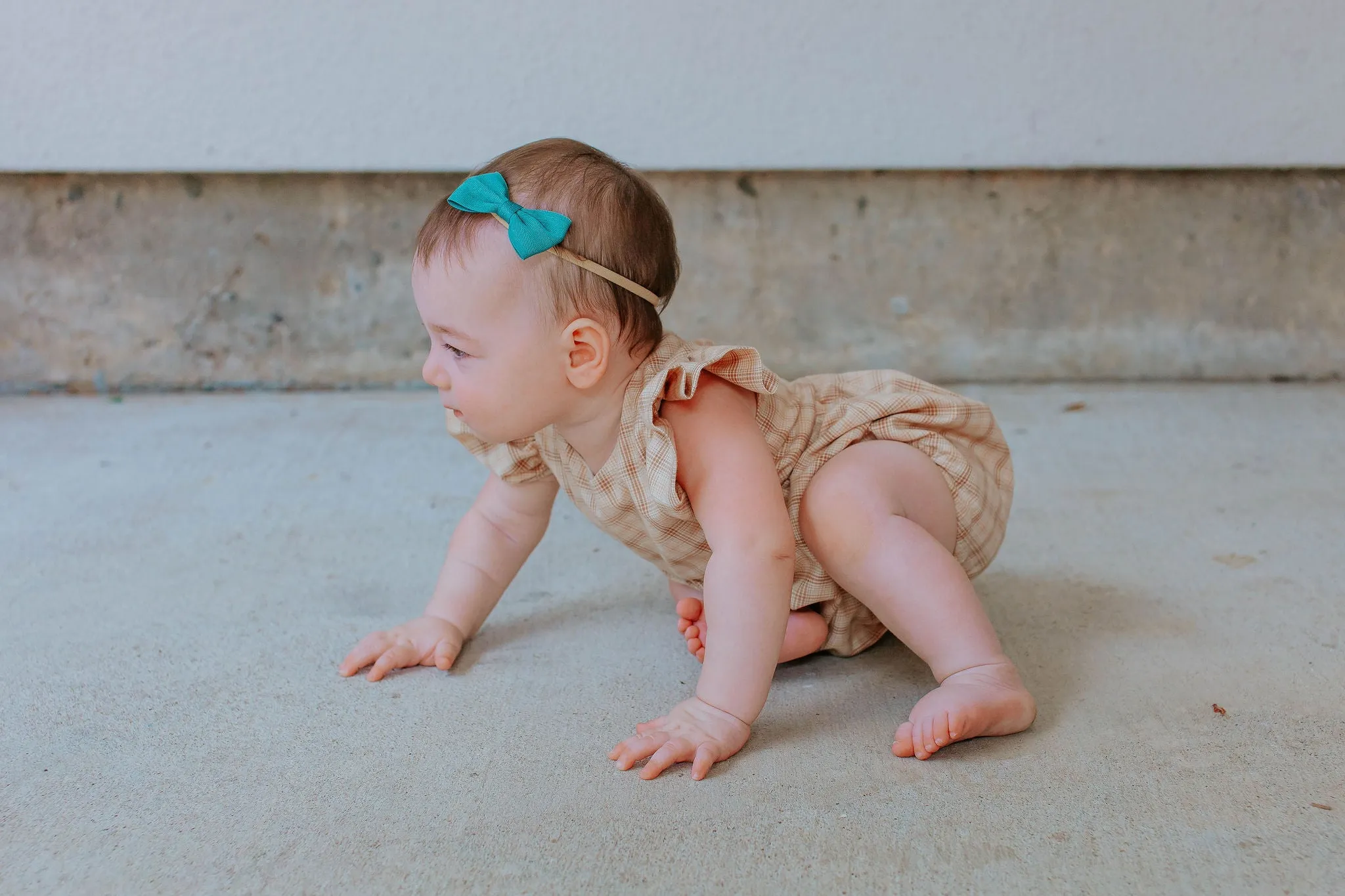 Infant Girl's Beige Plaid Ruffle Sleeve Bubble Romper