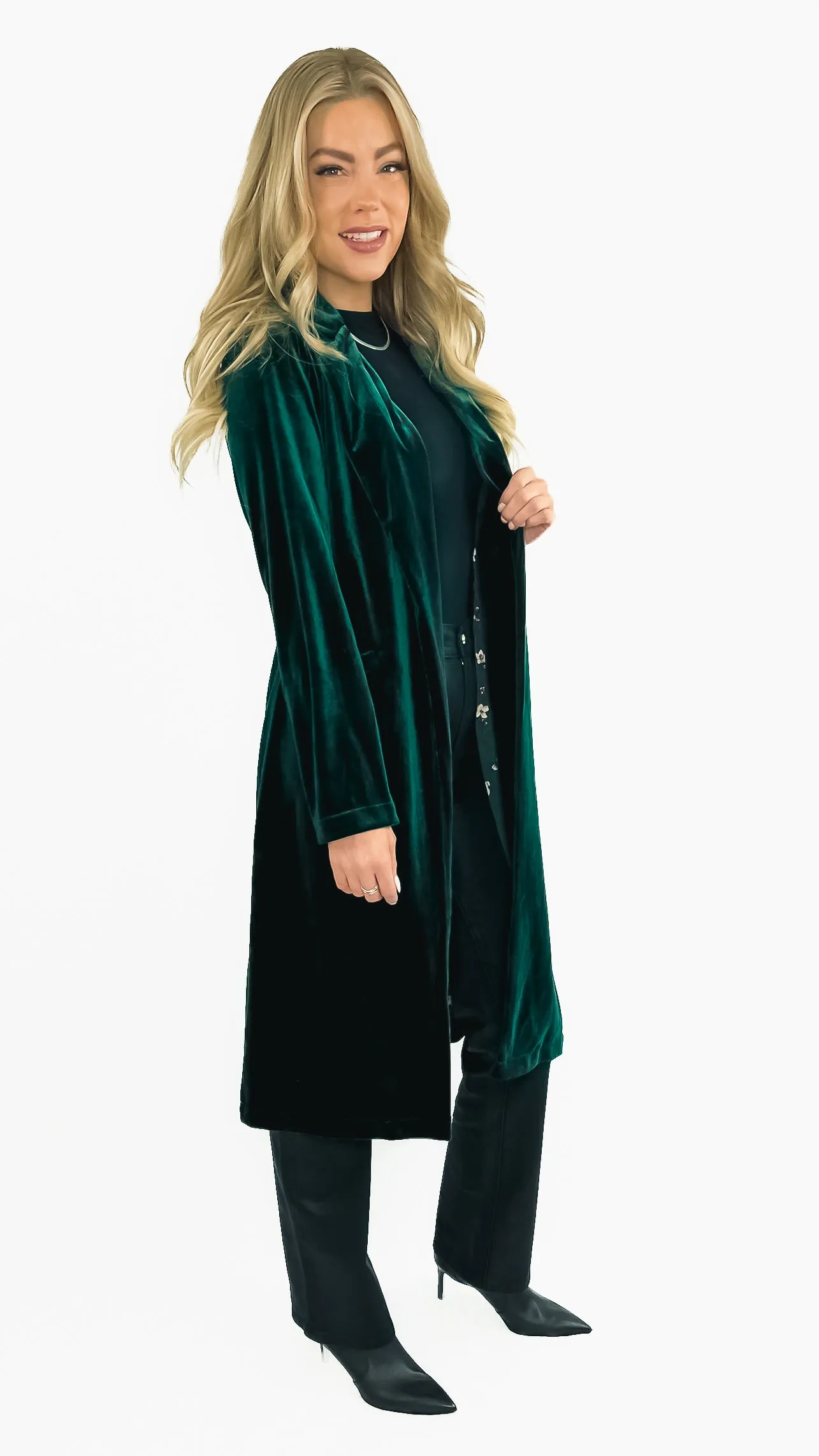 Jane Long Sleeve Velvet Duster Coat with Printed Liner- Hunter Green