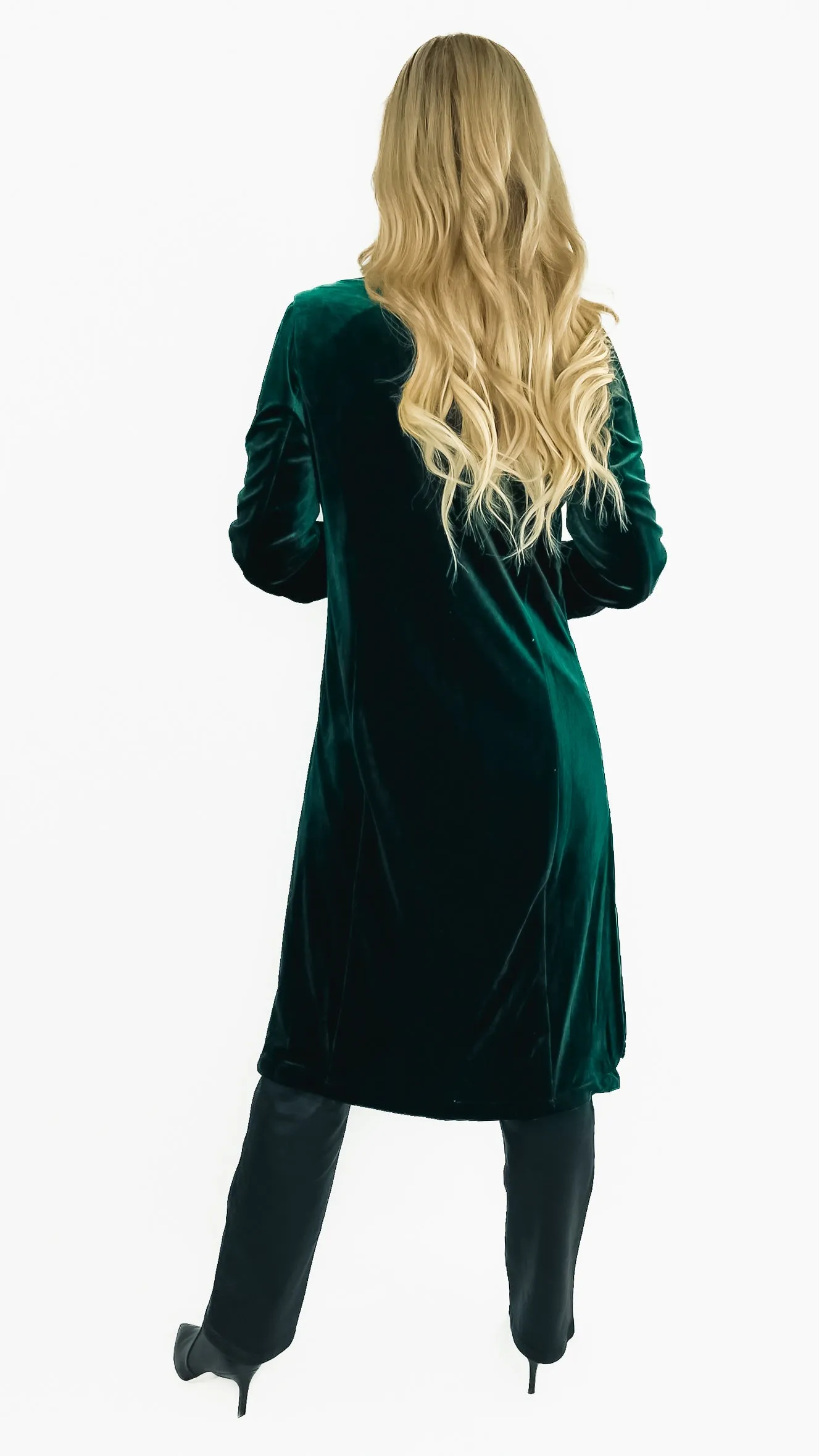 Jane Long Sleeve Velvet Duster Coat with Printed Liner- Hunter Green