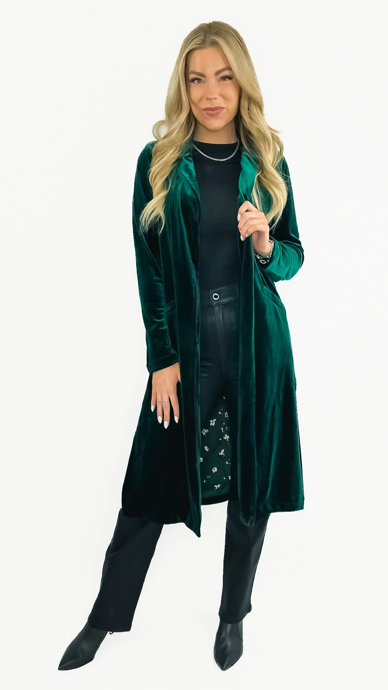 Jane Long Sleeve Velvet Duster Coat with Printed Liner- Hunter Green