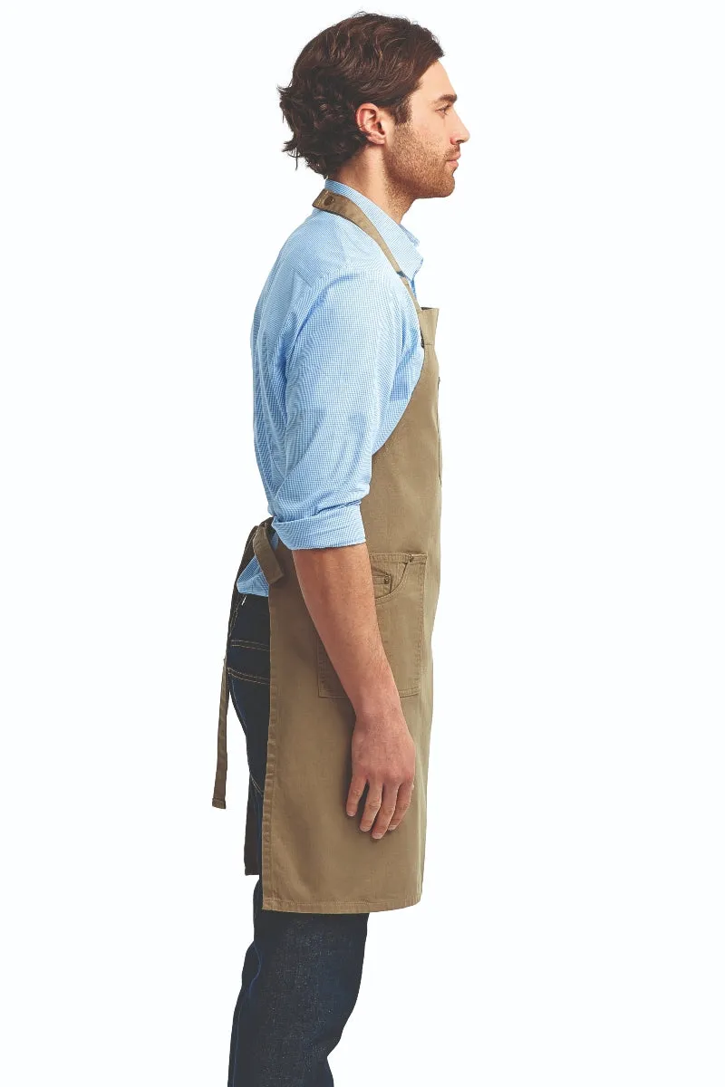 Khaki Cotton Chino Adjustable Bib Apron (3 Pocket)