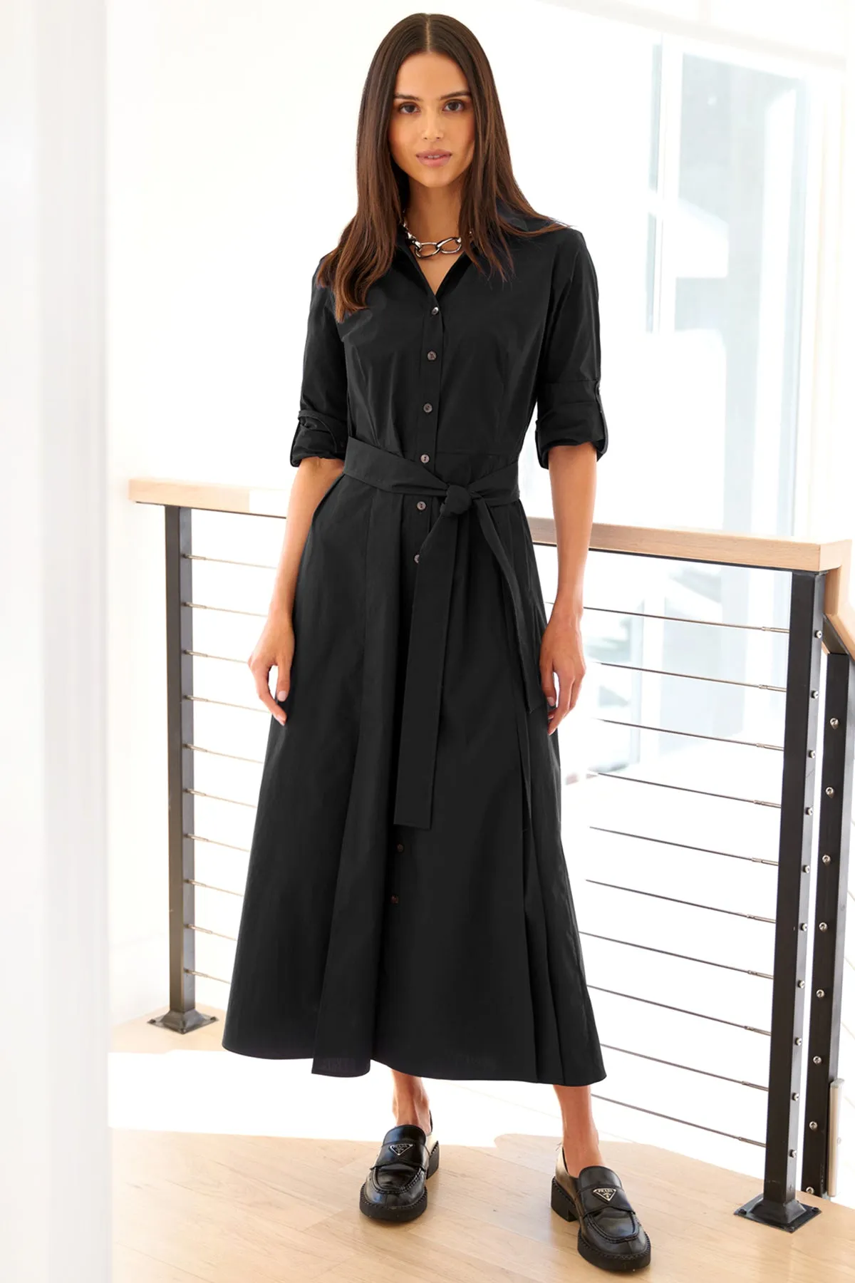 Laine Tie Front Long Dress Black Weathercloth