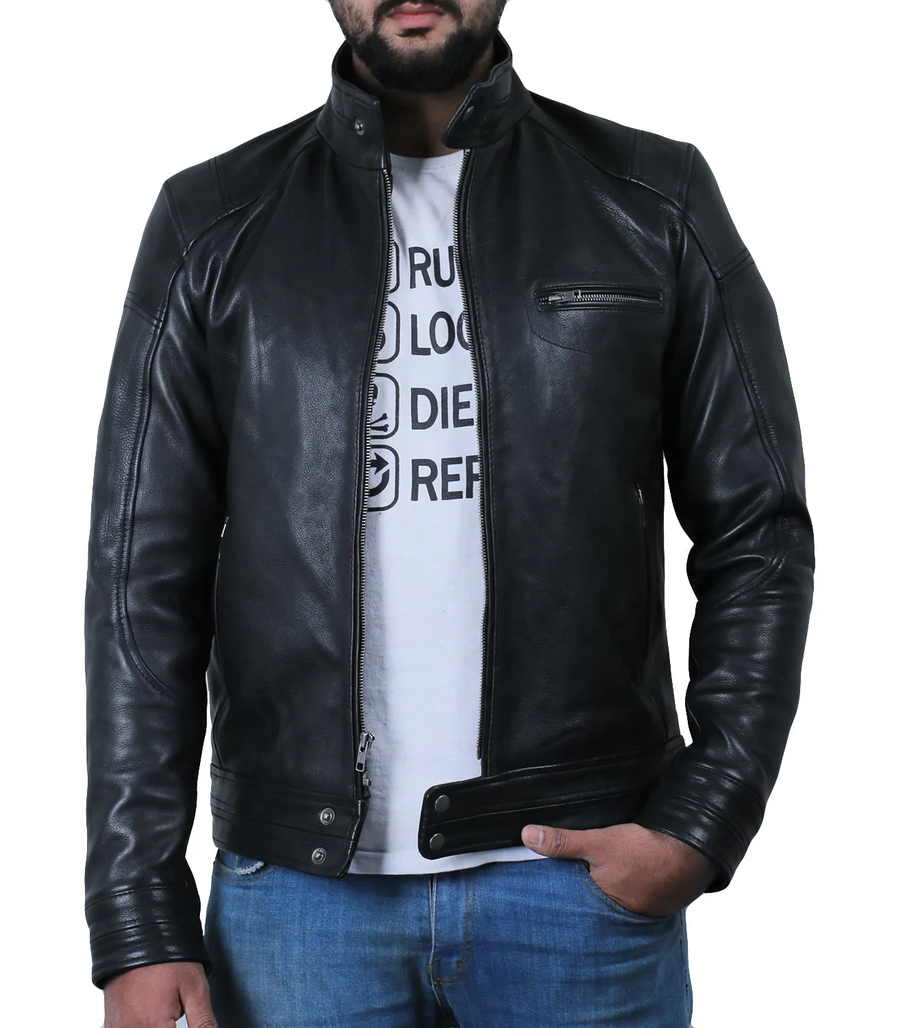 Leather Jackets Hub Mens Genuine Cowhide Leather Jacket (Black, Classic Jacket) - 1501283