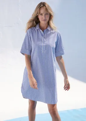 LEONIE - Pinstriped Shirt Dress in Organic Cotton (WHITE / BLUE)