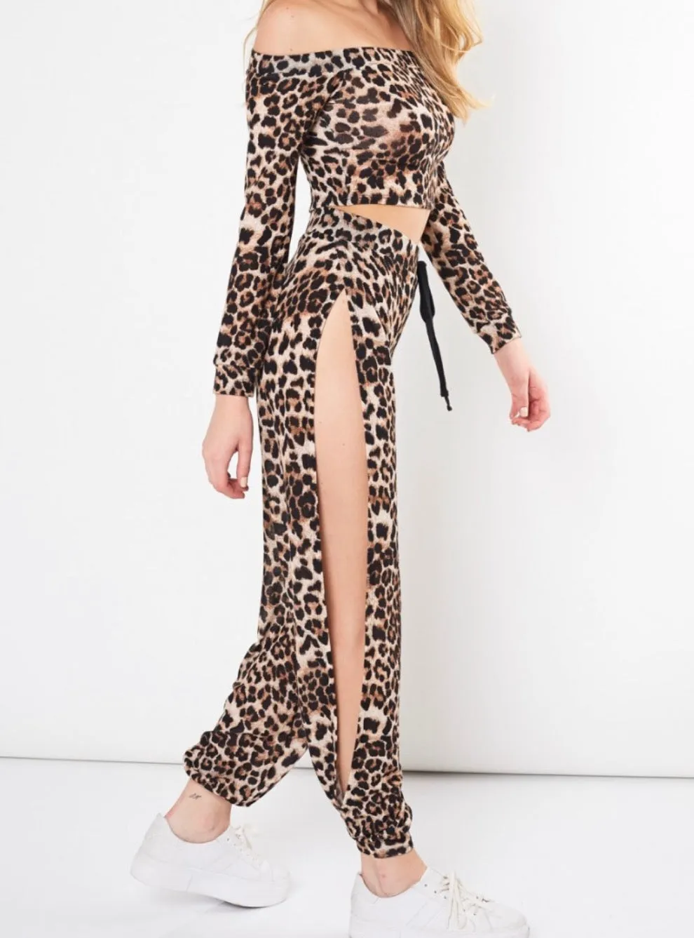 Leopard Elastic High Waisted Open Leg Joggers