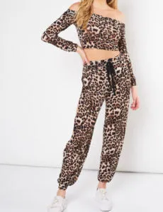 Leopard Elastic High Waisted Open Leg Joggers