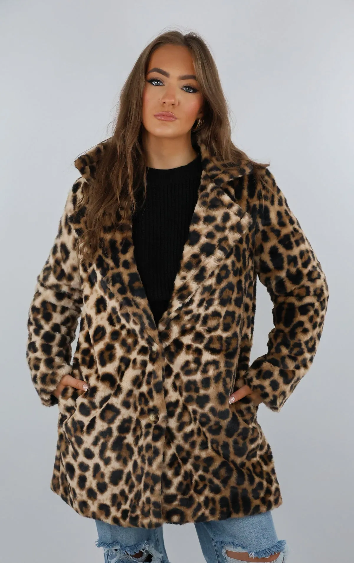 Leopard Print Faux Fur Button Up Coat