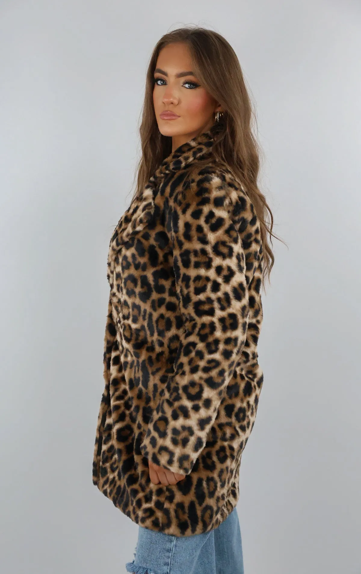 Leopard Print Faux Fur Button Up Coat