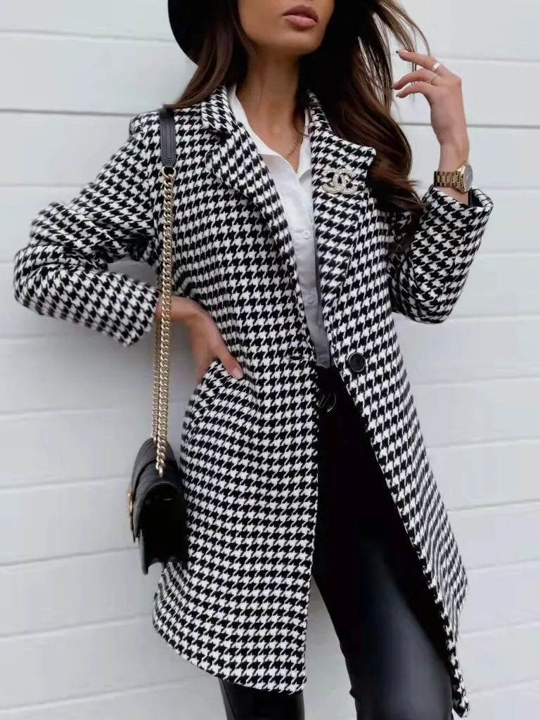 Long Sleeved Lapel One Button Slim stylish Fit checkered Blazer