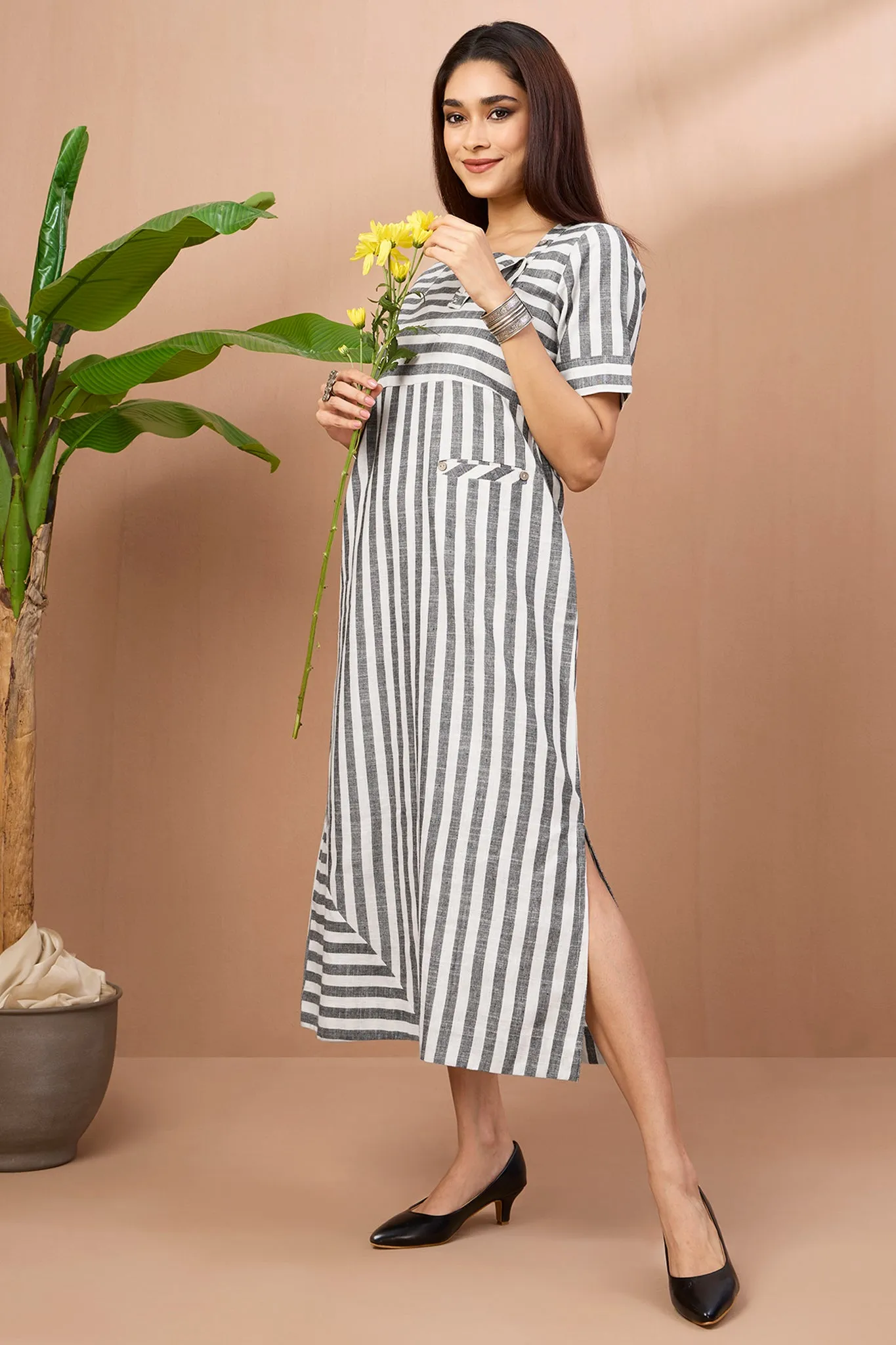 long slit dress - silver grey stripes