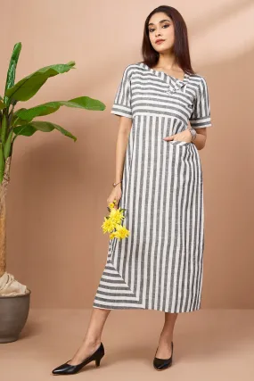 long slit dress - silver grey stripes