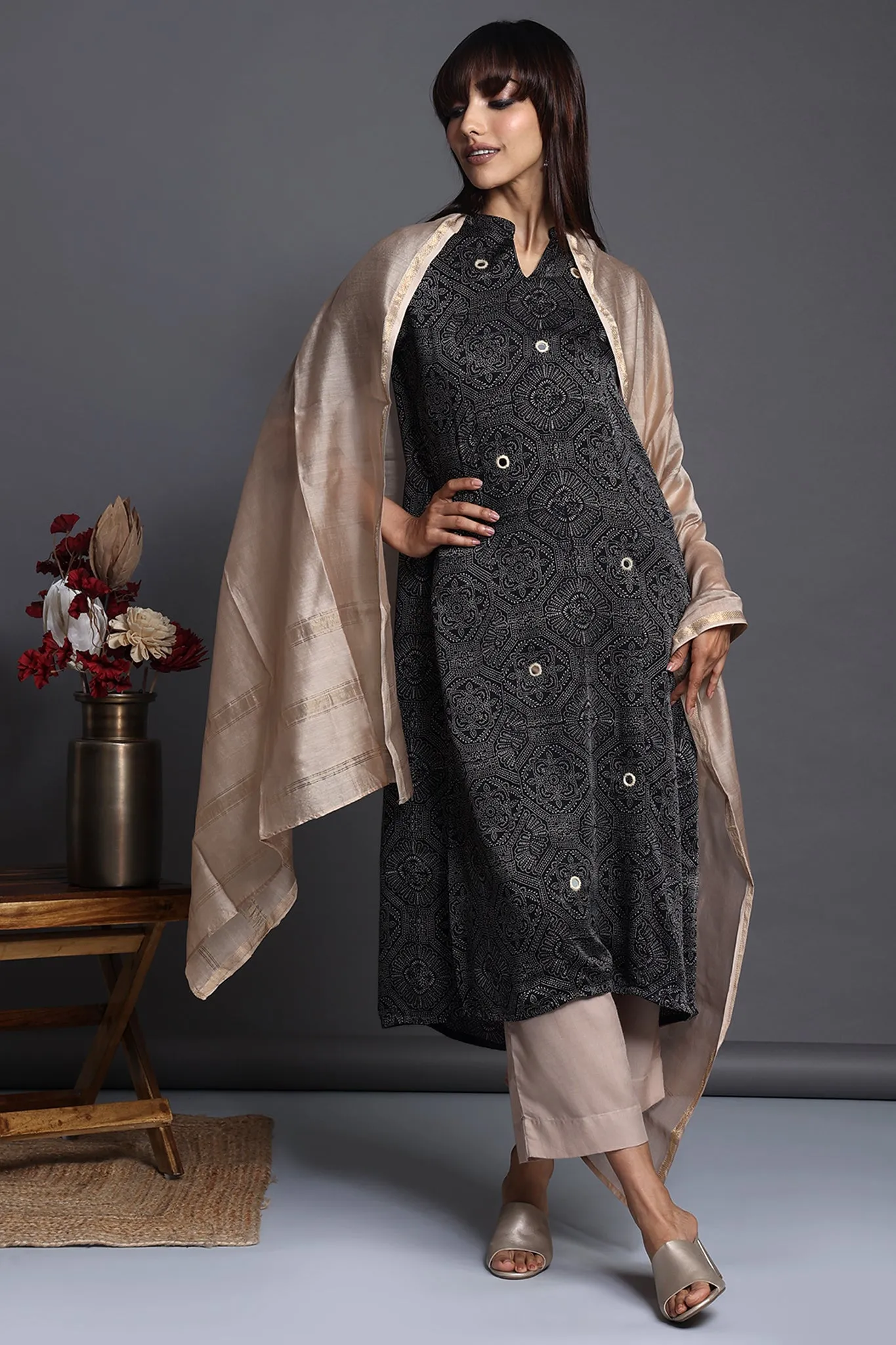 long yoke modal silk panel kurta - monochrome essence & burnished gold