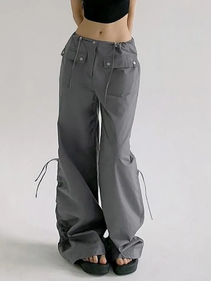 Low Waist Plain Drawstring Loose-Fit Wide-Leg Cargo Pants