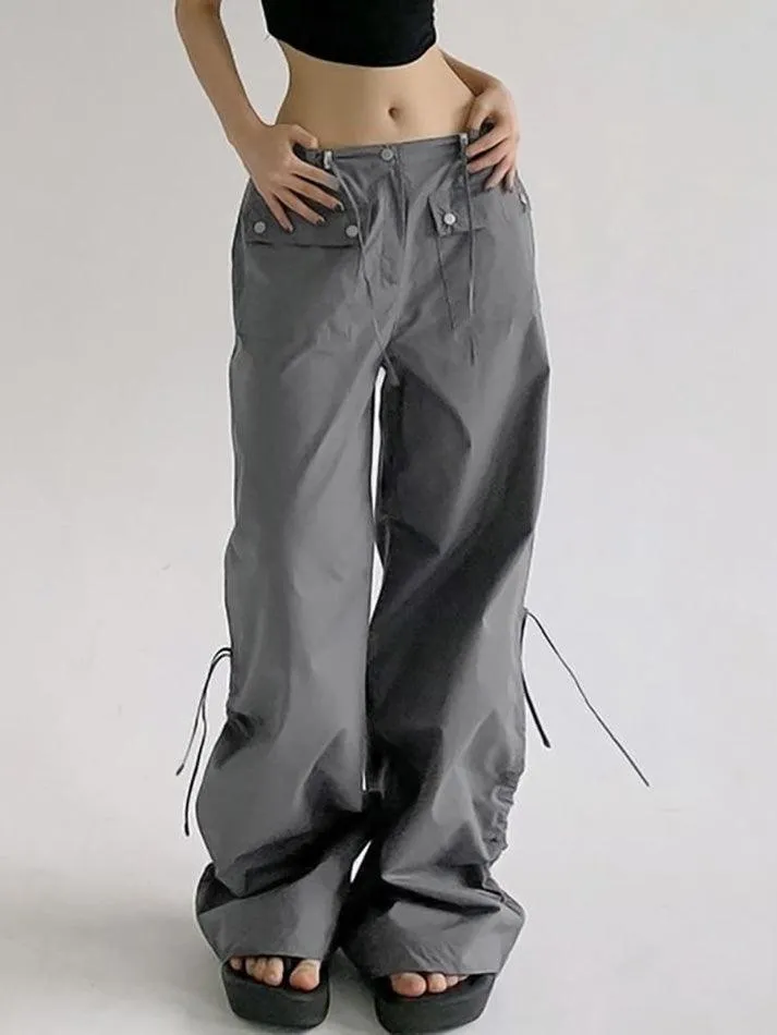 Low Waist Plain Drawstring Loose-Fit Wide-Leg Cargo Pants