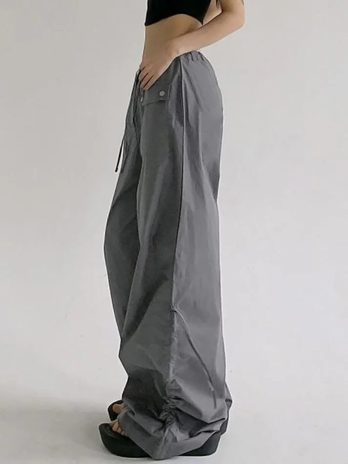 Low Waist Plain Drawstring Loose-Fit Wide-Leg Cargo Pants