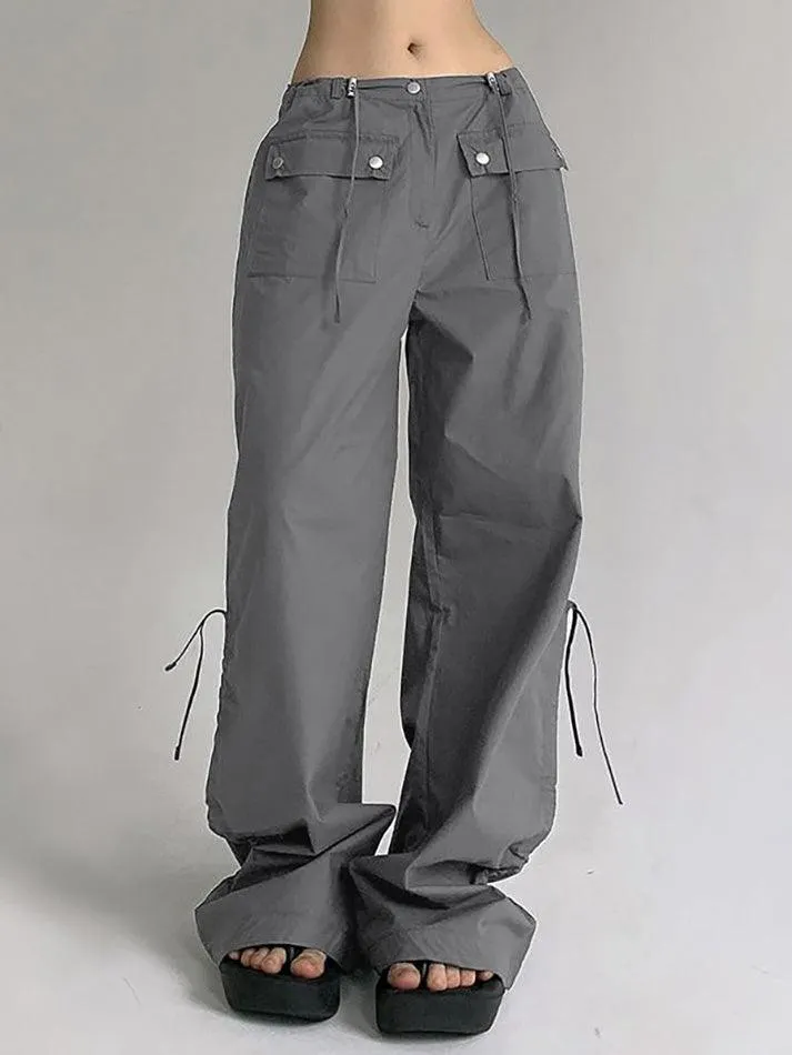 Low Waist Plain Drawstring Loose-Fit Wide-Leg Cargo Pants