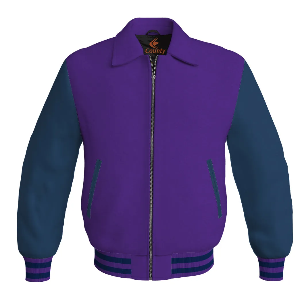 Luxury Bomber Classic Jacket Purple Body and Navy Blue Leather Sleeves