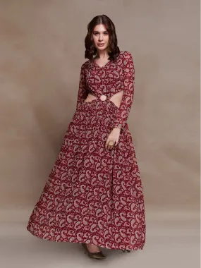 Magnificent Maroon Paisley Printed Cutout Maxi Dress